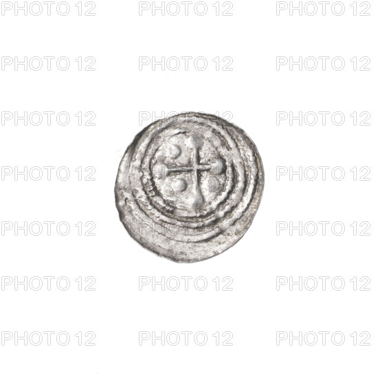 Denarius, Boleslaw III Krzywousty (prince of Poland; 1086–1138). Obverse: within a beaded border, a knight in chain mail thrusting a spearhead into the jaws of an upside-down dragon. Reverse: within a triple beaded border, an isosceles cross topped with balls; between its arms three balls; one arm intersects the other at approximately 1/3 of its length. Iconography: knight, dragons, fight between good and evil, martyrs, fight against pagans, spears, spearhead (issue mark), equal-armed cross. Style: Romanesque. Subject references: Adalbert (Saint; ca. 956–997). Date: ca. 1125–1138. Place: Kraków, Poland. Coin; diameter 12.1–12.6 mm; weight 0.35 g.