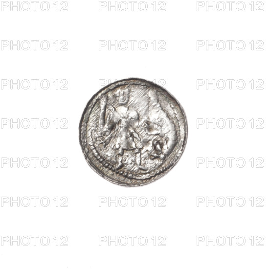 denarius, Boleslaw III Krzywousty (prince of Poland; 1107–1138), allegories, spearhead (issue mark), equal-armed cross, crosses, Boleslaw III Krzywousty (prince of Poland; 1086–1138), chainmail, jaws, chainmails, knight, Romanesque (style), jaws, dragon, dragons, martyrs, knights, fight between good and evil, fight against pagans, spear, Wojciech (St.; ca. 956–997), spears, Middle Ages. Obv.: In the beaded border, a knight in chain mail thrusting a spearhead into the jaws of a dragon turned upside down. Rv.: In the triple beaded border, an isosceles cross topped with balls; at the intersection of the arms, a ball; between them, one ball. ca. 1125–1138, Poland, Kraków, coin; diameter 12.5–12.8 mm; weight 0.45 g