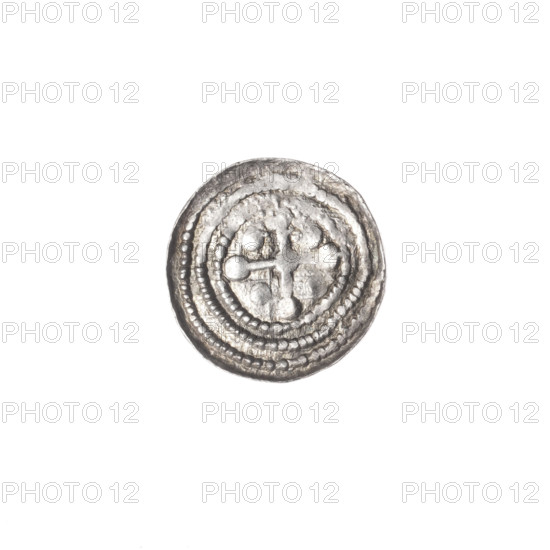 denarius, Boleslaw III Krzywousty (prince of Poland; 1107–1138), allegories, spearhead (issue mark), equal-armed cross, crosses, Boleslaw III Krzywousty (prince of Poland; 1086–1138), chainmail, jaws, chainmails, knight, Romanesque (style), jaws, dragon, dragons, martyrs, knights, fight between good and evil, fight against pagans, spear, Wojciech (St.; ca. 956–997), spears, Middle Ages. Obverse: in the beaded border, a knight in chain mail thrusting a spearhead into the jaws of a dragon turned upside down. Reverse: in the triple beaded border, an isosceles cross topped with balls; at the intersection of the arms, a ball; between the arms, one ball. ca. 1125–1138, Poland, Kraków, coin; diameter 12.5–12.8 mm; weight 0.45 g