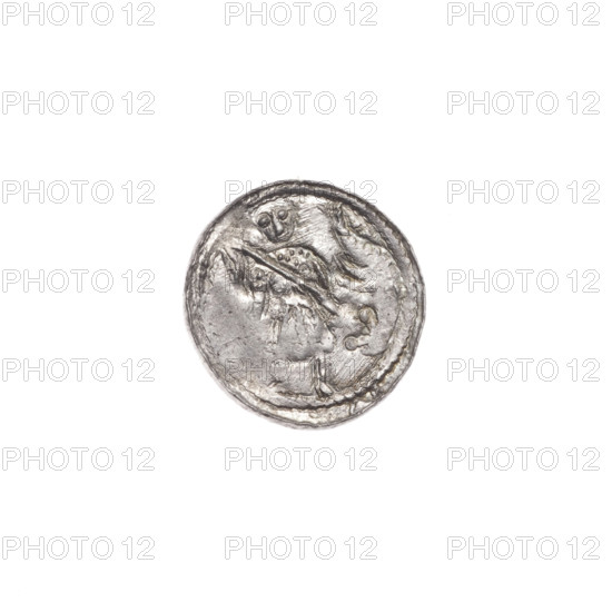 denarius, Boleslaw III Krzywousty (prince of Poland; 1086–1138), allegories, crosses, equal-armed cross, jaws, spearhead (issue mark), chain mail, knight, Romanesque (style), martyrs, dragons, dragon, knights, Adalbert (St.; ca. 956–997), fight between good and evil, spear, fight against pagans, Middle Ages. Obv. In the beaded border, a knight in chain mail thrusting a spearhead into the jaws of a dragon turned upside down. Rv. In the triple beaded border, an isosceles cross topped with balls (two of them with one dot each). Between its arms, one ball (two of them with one dot each). Between one of the balls with a dot and the arm, a dot. ca. 1125–1138, Poland, Kraków, coin, diameter 12.3–12.8 mm, weight 0.42 g