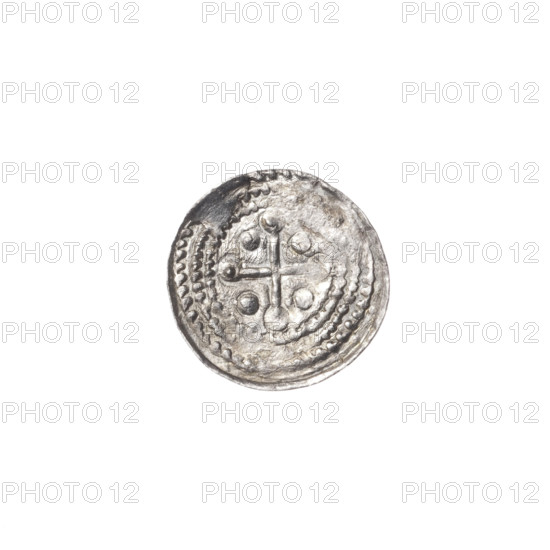 denarius, Boleslaw III Krzywousty (prince of Poland; 1107–1138), allegories, Boleslaw III Krzywousty (prince of Poland; 1086–1138), crosses, equal-armed cross, jaws, spearhead (issue mark), chain mail, chain mails, knight, Romanesque (style), martyrs, dragons, jaws, dragon, knights, Adalbert (St.; ca. 956–997), fight between good and evil, spear, fight against pagans, spears, Middle Ages. Obv. In the beaded border, a knight in chain mail thrusting a spearhead into the jaws of a dragon turned upside down. Rv. In the triple beaded border, an isosceles cross topped with balls (two of them with one dot each). Between its arms, one ball (two of them with one dot each). Between one of the balls with a dot and the arm, a dot. ca. 1125–1138, Poland, Kraków, coin, diameter 12.3–12.8 mm, weight 0.42 g