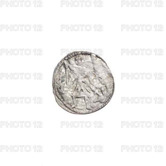 denarius, Boleslaw III Krzywousty (prince of Poland; 1086-1138), allegories, spearhead (issue mark), chain mail (iconographic), equal-armed cross (iconographic), crosses, jaws (iconographic), chain mail, knight (iconographic), martyrs, Romanesque (style), jaws, knights, dragons, dragon (iconographic), fight between good and evil (iconographic), Middle Ages, fight against pagans (iconographic), Adalbert (Saint; ca. 956-997), spears, spear (iconographic). Obv.: in the beaded border, a knight in chain mail thrusting a spearhead into the jaws of a dragon turned upside down. Rv.: in the triple beaded border, an isosceles cross topped with balls; between its arms, one ball; one arm intersects the other at approximately 1/3 of its length. ca. 1125–1138, Poland, Kraków, coin, diameter 11.6–12.1 mm, weight 0.24 g
