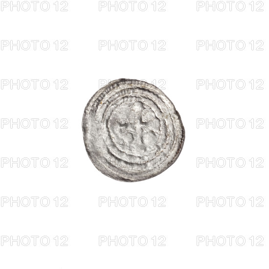 denarius, Boleslaw III Krzywousty (prince of Poland; 1107–1138), allegories, Boleslaw III Krzywousty (prince of Poland; 1086–1138), spearhead (issue mark), chain mail (iconographic), equal-armed cross (iconographic), crosses, jaws (iconographic), chain mail, knight (iconographic), martyrs, Romanesque (style), jaws, knights, dragons, dragon (iconographic), fight between good and evil (iconographic), Middle Ages, fight against pagans (iconographic), Adalbert (Saint; ca. 956–997), spears, spear (iconographic). Obv.: In the beaded border, a knight in chain mail thrusting a spearhead into the jaws of an upside-down dragon. Rv.: In the triple beaded border, an isosceles cross topped with balls; between its arms, one ball; one arm intersects the other at approximately 1/3 of its length. ca. 1125–1138, Poland, Kraków; coin; diameter 11.6–12.1 mm; weight 0.24 g