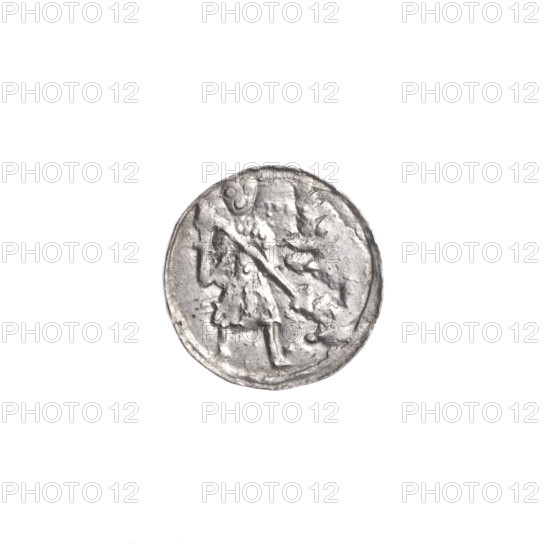 Denarius, Boleslaw III Krzywousty (prince of Poland; 1107–1138). Obverse: in a linear border, a knight in chain mail thrusting a spearhead into the jaws of a dragon turned upside down; a dot above the knight's left foot. Reverse: in a triple beaded border, an equal-armed (isosceles) cross topped with balls; between its arms, one ball (one of them has a dot). Romanesque style; allegorical imagery referencing martyrs, Adalbert (Saint; ca. 956–997), and the fight between good and evil/pagans. Issue mark: spearhead. Date ca. 1125–1138. Mint: Kraków, Poland. Coin; diameter 12.4–12.6 mm; weight 0.47 g.