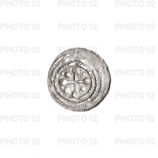 denarius, Boleslaw III Krzywousty (prince of Poland; 1086–1138), allegories, equal-armed cross, crosses, spearhead (issue mark), jaws, knight in chain mail, Romanesque (style), martyrs, dragons, dragon, Adalbert (Saint; ca. 956–997), Middle Ages, fight between good and evil, spear, spears, fight against pagans, Obv. In the linear border, a knight in chain mail thrusting a spearhead into the jaws of a dragon turned upside down. On the outer side, above the knight's left foot, a dot. Rv. In the triple beaded border, an isosceles cross topped with balls. Between its arms, one ball (one of them has a dot). ca. 1125–1138, Poland, Kraków, coin, diameter 12.4–12.6 mm, weight 0.47 g