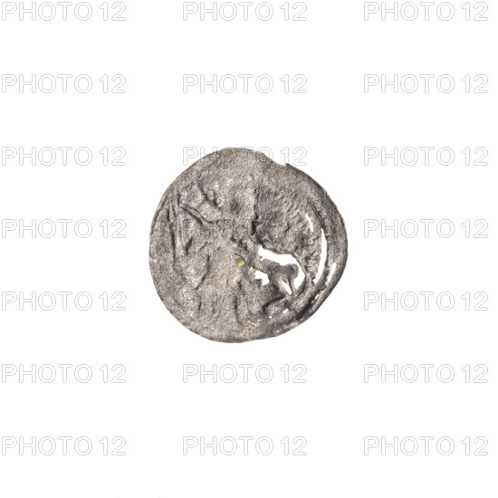 Denarius of Boleslaw III Krzywousty (prince of Poland; ruled 1107–1138). Obverse: in the beaded border, a knight in chain mail thrusting a spearhead into the jaws of an upside-down dragon. Reverse: in the triple beaded border, an isosceles cross topped with balls; one ball between its arms. Allegorical imagery: knights, dragons, fight between good and evil, fight against pagans; motifs include spearhead (issue mark), spears, crosses (equal-armed cross), chain mail, jaws. Romanesque style. Associated figure: Adalbert (St.; ca. 956–997). Date: ca. 1125–1138. Poland, Kraków. Coin (denarius). Diameter: 11.9–12.4 mm. Weight: 0.15 g.