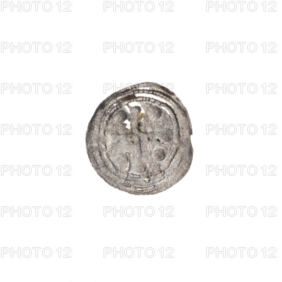 Denarius, Boleslaw III Krzywousty (prince of Poland; 1107–1138), Romanesque style, ca. 1125–1138. Obverse: in the beaded border, a knight in chain mail thrusting a spearhead into the jaws of an upside-down dragon. Reverse: in the triple beaded border, an isosceles cross topped with balls; one ball between its arms. Allegories of martyrs, knights, dragons; themes of fight between good and evil and fight against pagans; spear/spearhead motifs. Associated names: Boleslaw III Krzywousty; Adalbert (St.; ca. 956–997). Poland, Kraków. Coin; diameter 11.9–12.4 mm; weight 0.15 g.
