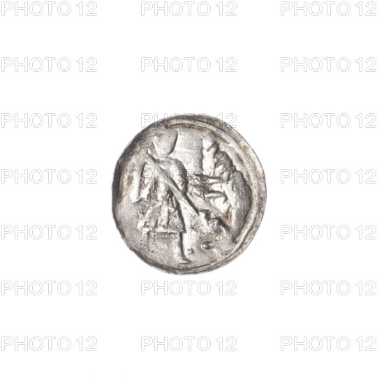 denarius, Boleslaw III Krzywousty (prince of Poland; 1086–1138), allegories, crosses, equal-armed cross, spearhead (issue mark), jaws, chain mail, martyrs, knight, Romanesque (style), dragons, Adalbert (St.; ca. 956–997), dragon, Stanislaw Jastrzebowski (1898–1980), knights, Middle Ages, fight between good and evil, spear, fight against pagans, Obv. In the linear border, a knight in chain mail thrusting a spearhead into the jaws of a dragon turned upside down. On the outer side, above the knight's left foot, a dot. Rv. In the triple beaded border, an isosceles cross topped with balls. Between its arms, one ball (three of them have one dot). ca. 1125–1138, Poland, Kraków, coin, diameter 12.7–13.2 mm, weight 0.50 g