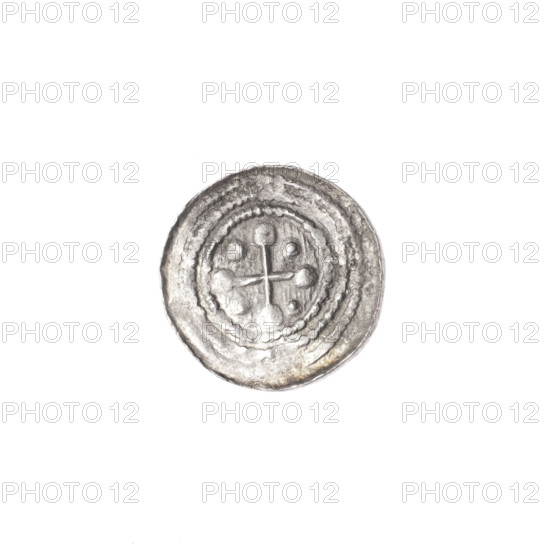 Denarius, Boleslaw III Krzywousty (prince of Poland; 1086–1138). Obverse: in the linear border, a knight in chain mail thrusting a spearhead into the jaws of an upside-down dragon; a dot above the knight's left foot. Reverse: in the triple beaded border, an isosceles cross topped with balls; between its arms, one ball (three of them have one dot). Allegorical imagery; equal-armed cross; spearhead issue mark; motifs: jaws, chain mail, martyrs, knight, dragons, Adalbert (St.; ca. 956–997), fight between good and evil, fight against pagans. Romanesque style. Date ca. 1125–1138. Poland, Kraków. Coin. Diameter 12.7–13.2 mm; weight 0.50 g.