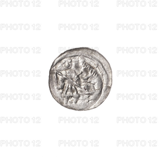 denarius, Boleslaw III Krzywousty (prince of Poland; 1086–1138), allegories, spearhead (issue mark), equal-armed cross, crosses, chain mail, mouth, martyrs, knight, dragons, Romanesque (style), Middle Ages, fight of good against evil, fight against pagans, spears, Adalbert (Saint; ca. 956–997), spear. Obv.: In the beaded border, a knight in chain mail thrusting a spearhead into the jaws of a dragon turned upside down. Rv.: In the triple beaded border, an isosceles cross topped with balls; at the intersection of the arms, a ball; between them, one sun. ca. 1125–1138. Poland, Kraków. Coin. Diameter 12.1–12.7 mm. Weight 0.31 g.