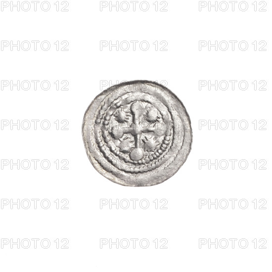 denarius, Boleslaw III Krzywousty (prince of Poland; 1086–1138), allegories, spearhead (issue mark), equal-armed cross, crosses, chain mail, mouth, martyrs, knight, dragons, Romanesque (style), Middle Ages, fight of good against evil, fight against pagans, spears, Adalbert (Saint; ca. 956–997), spear. Obv. In the beaded border, a knight in chain mail thrusting a spearhead into the jaws of a dragon turned upside down. Rv. In the triple beaded border, an isosceles cross topped with balls. At the intersection of the arms, a ball. Between them, one sun. ca. 1125–1138, Poland, Kraków; coin; diameter 12.1–12.7 mm; weight 0.31 g.