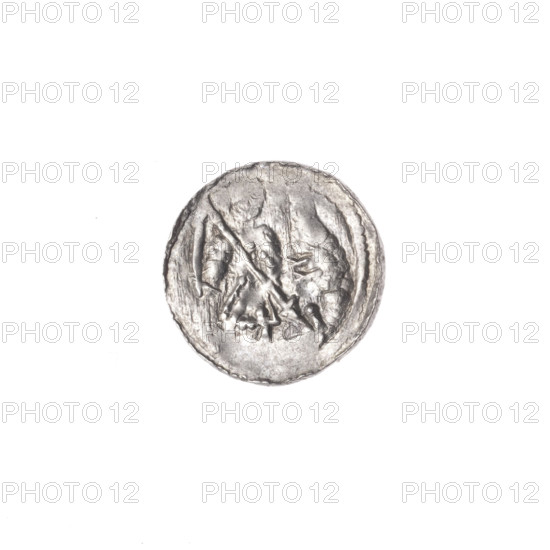 Denarius of Boleslaw III Krzywousty (prince of Poland; 1107–1138). Obverse: within a beaded border, a knight in chain mail thrusting a spearhead into the jaws of an upside-down dragon. Reverse: within a triple beaded border, an isosceles cross topped with balls; between its arms, balls (three of them with one dot). Allegorical imagery of martyrs/knights, Romanesque style, dragons, fight between good and evil, fight against pagans. Inscribed/issued ca. 1125–1138, Poland (Kraków). Coin; silver; diameter ~12.5–12.7 mm; weight 0.47 g.