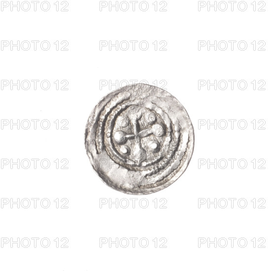 denarius, Boleslaw III Krzywousty (prince of Poland; 1086–1138), allegories, crosses, equal-armed cross, spearhead (issue mark), jaws, chain mail, martyrs, knight, Romanesque (style), dragons, Middle Ages, fight between good and evil, knights, dragon, fight against pagans, spears, spear, Wojciech (St.; ca. 956–997), Obv. In the beaded border, a knight in chain mail thrusting a spearhead into the jaws of a dragon turned upside down. Rv. In the triple beaded border, an isosceles cross topped with balls. Between its arms, one ball (three of them with one dot). ca. 1125–1138, Poland, Kraków, coin, diameter 12.5–12.7 mm, weight 0.47 g