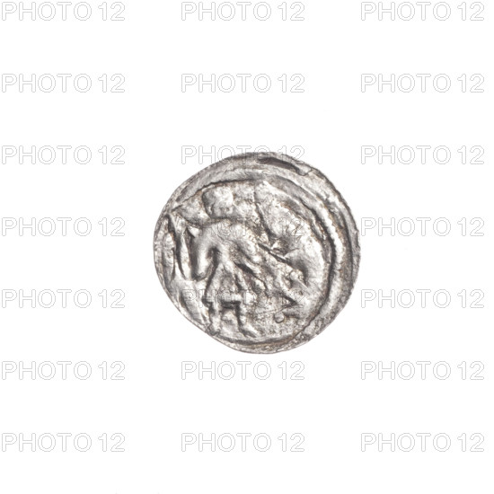 denarius, Boleslaw III Krzywousty (prince of Poland; 1107–1138), allegories, equal-armed cross, crosses, spearhead (issue mark), jaw, chain mail, martyrs, knight, Romanesque (style), jaws, dragons, dragon, fight against pagans, fight between good and evil, Adalbert (Saint; ca. 956–997), spear, Obv. In the beaded border, a knight in chain mail thrusting a spearhead into the jaws of a dragon turned upside down. Rv. In the triple beaded border, an isosceles cross topped with balls. At the intersection of the arms, a ball with a dot. Between them, one ball. One arm intersects the other at approximately 1/3 of its length. ca. 1125–1138, Poland, Kraków, coin, diameter 12.6–12.9 mm, weight 0.32 g