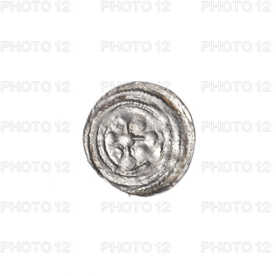 denarius, Boleslaw III Krzywousty (prince of Poland; 1086–1138), allegories, equal-armed cross, crosses, spearhead (issue mark), jaw, chain mail, martyrs, knight, knights, Romanesque (style), jaws, dragons, dragon, fight against pagans, fight between good and evil, Adalbert (Saint; ca. 956–997), spear, Middle Ages, Obv. In the beaded border, a knight in chain mail thrusting a spearhead into the jaws of a dragon turned upside down. Rv. In the triple beaded border, an isosceles cross topped with balls. At the intersection of the arms, a ball with a dot. Between them, one ball. One arm intersects the other at approximately 1/3 of its length. ca. 1125–1138, Poland, Kraków, coin, diameter 12.6–12.9 mm, weight 0.32 g