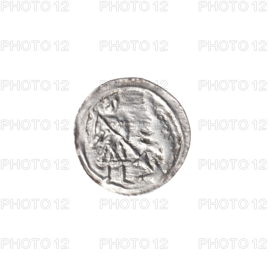 denarius, Boleslaw III Krzywousty (prince of Poland; 1086–1138), allegories, chain mail (iconographic), spearhead (issue mark), crosses, equal-armed cross (iconographic), jaws (iconographic), martyrs, knight (iconographic), Romanesque (style), knights, dragon (iconographic), fight between good and evil (iconographic), Middle Ages, Adalbert (Saint; ca. 956–997), fight against pagans (iconographic), spear (iconographic), Obv. In the linear border, a knight in chain mail thrusting a spearhead into the jaws of a dragon turned upside down. Rv. In the triple beaded border, an isosceles cross topped with balls (two of them with one dot each). Between its arms, one ball (three of them with one dot each). ca. 1125–1138, Poland, Kraków, coin, diameter 13.2–13.5 mm, weight 0.58 g