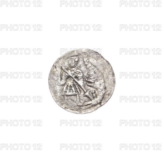 denarius, Boleslaw III Krzywousty (prince of Poland; 1086–1138), allegories, crosses, equal-armed cross, jaws, spearhead (issue mark), chain mail, martyrs, Romanesque (style), knight, dragons, Middle Ages, fight between good and evil, fight against pagans, spear, Adalbert (St.; ca. 956–997). Obv. In the linear border, a knight in chain mail thrusting a spearhead into the jaws of a dragon turned upside down. Rv. In the triple beaded border, an isosceles cross topped with balls (one of them with a dot). At the intersection of the arms, a ball. Between its arms, one ball (each with a dot). ca. 1125–1138, Poland, Kraków, coin, diameter 12.1–12.5 mm, weight 0.31 g