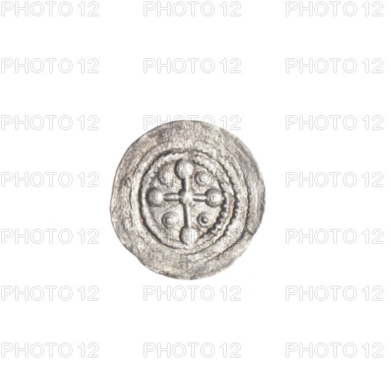 denarius, Boleslaw III Krzywousty (prince of Poland; 1086–1138), allegories, crosses, equal-armed cross, jaws, spearhead (issue mark), chain mail, martyrs, Romanesque (style), knight, dragons, Middle Ages, fight between good and evil, fight against pagans, spear, Adalbert (St.; ca. 956–997). Obv.: In the linear border, a knight in chain mail thrusting a spearhead into the jaws of a dragon turned upside down. Rv.: In the triple beaded border, an isosceles cross topped with balls (one with a dot). At the intersection of the arms, a ball. Between its arms, one ball (each with a dot). ca. 1125–1138, Poland, Kraków, coin, diameter 12.1–12.5 mm, weight 0.31 g