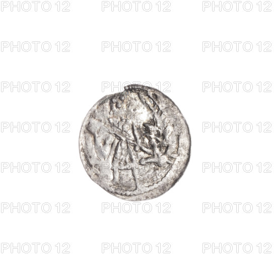 denarius, Boleslaw III Krzywousty (prince of Poland; 1086–1138; ruler 1107–1138), allegories, equal-armed cross, crosses, spearhead (issue mark), chain mail, mouth, martyrs, knight, Romanesque (style), dragons, Middle Ages, dragon, fight against pagans, fight between good and evil, spears, Adalbert (Saint; ca. 956–997), Obv. In the beaded border, a knight in chain mail thrusting a spearhead into the jaws of a dragon turned upside down. Rv. In the triple beaded border, an isosceles cross topped with spheres (one of them with a dot). Between its arms, one sphere (each with a dot)., ca. 1125–1138, Poland, Kraków, coin, diameter 12.6–12.9 mm, weight 0.30 g