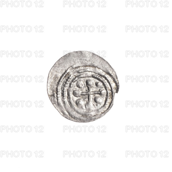 denarius, Boleslaw III Krzywousty (prince of Poland; 1086–1138), allegories, equal-armed cross, crosses, spearhead (issue mark), chain mail, mouth, martyrs, knight, Romanesque (style), mouths, knights, dragons, Middle Ages, dragon, fight against pagans, fight between good and evil, spears, Adalbert (Saint; ca. 956–997), spear. Obv.: In the beaded border, a knight in chain mail thrusting a spearhead into the jaws of a dragon turned upside down. Rv.: In the triple beaded border, an isosceles cross topped with spheres (one of them with a dot); between its arms, one sphere (each with a dot). ca. 1125–1138. Poland, Kraków. Coin; diameter 12.6–12.9 mm; weight 0.30 g.