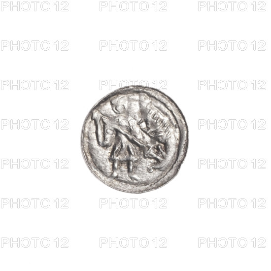 denarius, Boleslaw III Krzywousty (prince of Poland; 1086–1138), allegories, crosses, chainmail, spearhead (issue mark), jaws, equal-armed cross, martyrs, knight, dragons, Middle Ages, Romanesque (style), fight between good and evil, Adalbert (Saint; ca. 956–997), fight against pagans, spear, spears. Obv.: In the linear border, a knight in chain mail thrusting a spearhead into the jaws of a dragon turned upside down; a dot between the knight's legs. Rv.: In the triple beaded border, an isosceles cross topped with balls; between its arms, one ball (one of them with a dot). ca. 1125–1138. Poland, Kraków. Coin. Diameter 12.1–12.6 mm. Weight 0.35 g.