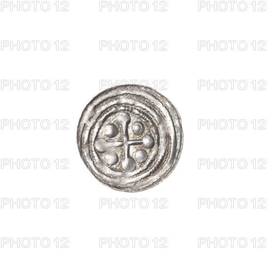 denarius, Boleslaw III Krzywousty (prince of Poland; 1107–1138), allegories, Boleslaw III Krzywousty (prince of Poland; 1086–1138), crosses, chainmail, spearhead (issue mark), jaws, equal-armed cross, martyrs, chainmail, knight, dragons, dragon, knights, jaws, Middle Ages, Romanesque (style), fight between good and evil, Adalbert (Saint; ca. 956–997), fight against pagans, spear, spears. Obv.: In the linear border, a knight in chain mail thrusting a spearhead into the jaws of a dragon turned upside down; a dot between the knight's legs. Rv.: In the triple beaded border, an isosceles cross topped with balls; between its arms, one ball (one of them with a dot). ca. 1125–1138; Poland, Kraków; coin; diameter 12.1–12.6 mm; weight 0.35 g