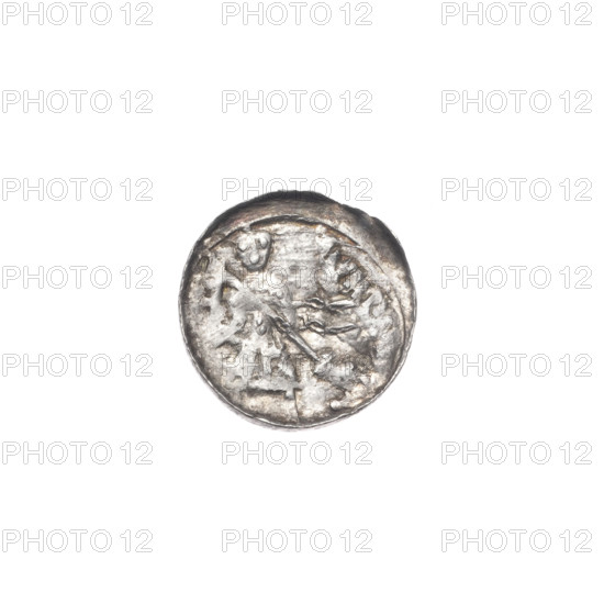 denarius, Boleslaw III Krzywousty (prince of Poland; 1107–1138), allegories, equal-armed cross, crosses, spearhead (issue mark), chain mail, martyrs, jaws, dragons, knights, Middle Ages, fight between good and evil, fight against pagans, Romanesque (style), spear, Adalbert (Saint; ca. 956–997), spears. Obv. In the linear border, a knight in chain mail thrusting a spearhead into the jaws of a dragon turned upside down. Rv. In the triple beaded border, an isosceles cross topped with balls (one of them with a dot). Between its arms, one ball (two of them with a dot). ca. 1125–1138, Poland, Kraków, coin, diameter 12.1–12.4 mm, weight 0.42 g
