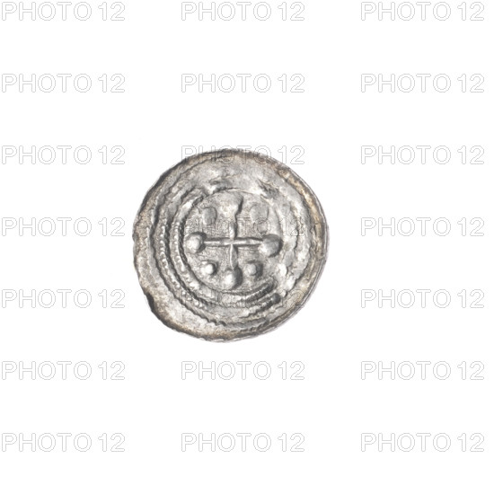 Denarius, Boleslaw III Krzywousty (prince of Poland; 1107–1138). Obverse: in a linear border, a knight in chain mail thrusting a spearhead into the upside-down jaws of a dragon. Reverse: in a triple beaded border, an isosceles cross topped with balls (one with a dot); between its arms, one ball (two with a dot). Allegorical imagery of martyrs, knights, dragons, fight between good and evil and against pagans; Romanesque style. Possible reference to Adalbert (Saint; ca. 956–997). Spearhead issue mark. ca. 1125–1138. Poland, Kraków. Coin; diameter 12.1–12.4 mm; weight 0.42 g.