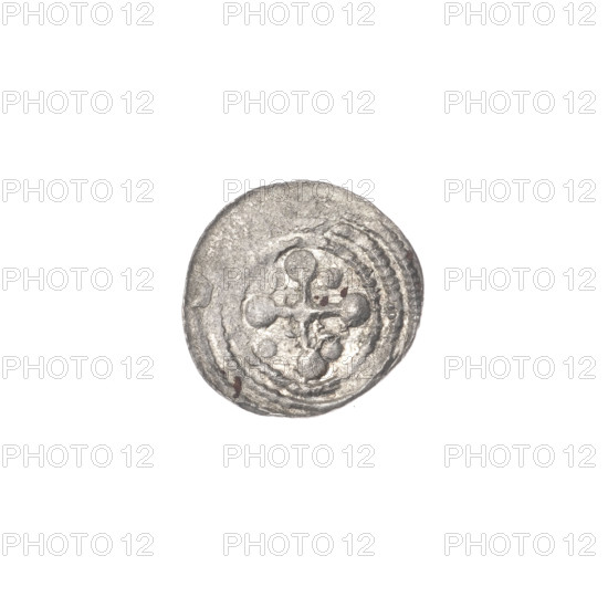 denarius, Boleslaw III Krzywousty (prince of Poland; 1086–1138), allegories, chain mail (iconographic), equal-armed cross (iconographic), crosses, spearhead (issue mark), jaws (iconographic), knight (iconographic), martyrs, Romanesque (style), dragons, dragon (iconographic), Adalbert (Saint; ca. 956–997), Middle Ages, fight between good and evil (iconographic), fight against pagans (iconographic), spears, spear (iconographic). Obv. In the beaded border, a knight in chain mail thrusting a spearhead into the jaws of a dragon turned upside down. Rv. In the triple beaded border, an isosceles cross topped with balls; at the intersection of the arms, a ball; between the arms, one ball. ca. 1125–1138, Poland, Kraków, coin; diameter 12.2–12.6 mm; weight 0.34 g