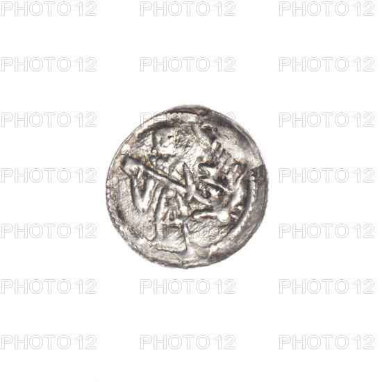 denarius, Boleslaw III Krzywousty (prince of Poland; 1086–1138), allegories, equal-armed cross, crosses, chain mail, spearhead (issue mark), jaws, knight, dragons, martyrs, Romanesque (style), Adalbert (St.; ca. 956–997), knights, dragon, Middle Ages, spear, fight between good and evil, fight against pagans, spears. Obv.: in a beaded border, a knight in chain mail thrusting a spearhead into the jaws of an upside-down dragon. Rv.: in a triple beaded border, an isosceles cross topped with balls; between its arms, three balls and one dot. ca. 1125–1138. Poland, Kraków. Coin. Diameter 13.1–13.7 mm. Weight 0.47 g.