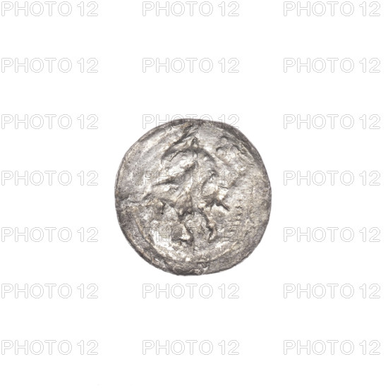 denarius, Boleslaw III Krzywousty (prince of Poland; 1086–1138/1107–1138), allegories, equal-armed cross, crosses, spearhead (issue mark), jaw, chain mail, knight, martyrs, Romanesque (style), knights, jaws, dragons, dragon, Adalbert (Saint; ca. 956–997), Middle Ages, fight between good and evil, fight against pagans, spear, spears. Obv.: In the beaded border, a knight in chain mail thrusting a spearhead into the jaws of an upside-down dragon. Rv.: In the triple beaded border, an isosceles cross topped with balls; at the intersection of the arms, a ball; between them, one sun. ca. 1125–1138. Poland, Kraków. Coin. Diameter 12.5–13.1 mm. Weight 0.37 g.