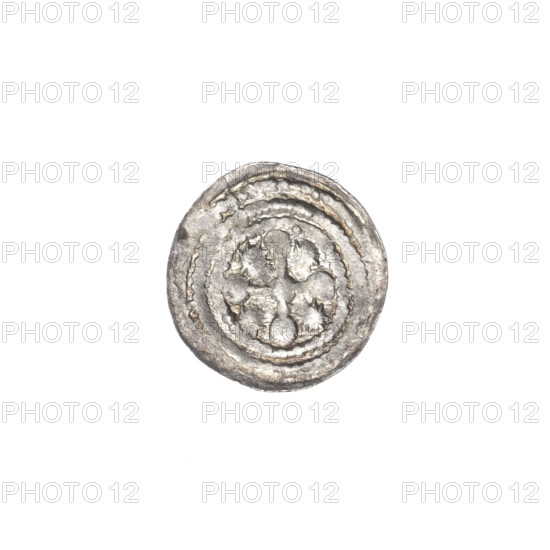 denarius, Boleslaw III Krzywousty (prince of Poland; 1107–1138), allegories, Boleslaw III Krzywousty (prince of Poland; 1086–1138), equal-armed cross, crosses, spearhead (issue mark), jaw, chain mail, chain mails, knight, martyrs, Romanesque (style), knights, jaws, dragons, dragon, Adalbert (Saint; ca. 956–997), Middle Ages, fight between good and evil, fight against pagans, spear, spears. Obv. In the beaded border, a knight in chain mail thrusting a spearhead into the jaws of a dragon turned upside down. Rv. In the triple beaded border, an isosceles cross topped with balls. At the intersection of the arms, a ball. Between them, one sun. ca. 1125–1138, Poland, Kraków, coin, diameter 12.5–13.1 mm, weight 0.37 g