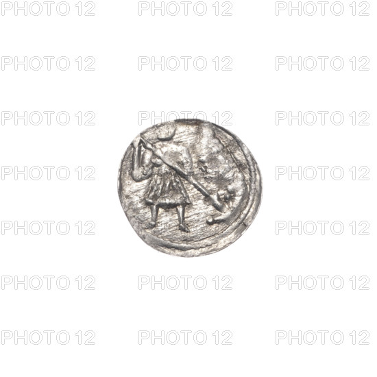 Denarius, Boleslaw III Krzywousty (prince of Poland; 1107–1138). Obverse: in a beaded border, a knight in chain mail thrusting a spearhead into the jaws of an upside-down dragon; depiction includes spearhead (issue mark), equal-armed cross, chain mail, crosses, mouth, knight, martyrs, dragons, mouths, dragon, Adalbert (Saint; ca. 956–997), Romanesque style, Middle Ages, fight between good and evil, fight against pagans, spear, spears. Reverse: in a triple beaded border, an isosceles cross topped with balls; between its arms, one ball. Date: ca. 1125–1138. Place: Poland, Kraków. Coin. Diameter 11.6–11.9 mm. Weight 0.27 g.