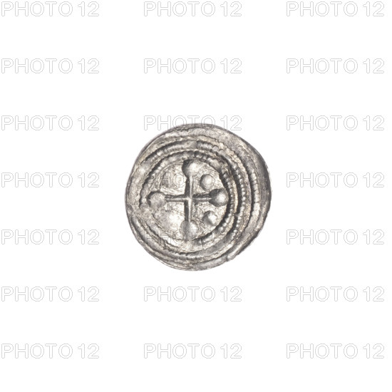 Denarius, Boleslaw III Krzywousty (prince of Poland; 1107–1138). Obverse: in the beaded border, a knight in chain mail thrusting a spearhead into the jaws of an upside-down dragon. Reverse: in the triple beaded border, an isosceles cross topped with balls; between its arms, one ball. Allegorical motifs: spearhead (issue mark), equal-armed cross, chain mail, crosses, knight, martyrs, Romanesque style, dragons, Adalbert (Saint; ca. 956–997), Middle Ages, fight between good and evil, fight against pagans. Date: ca. 1125–1138. Place: Poland, Kraków. Object: coin. Diameter: 11.6–11.9 mm. Weight: 0.27 g.