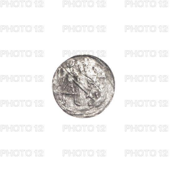 denarius, Boleslaw III Krzywousty (prince of Poland; 1107-1138), Boleslaw III Krzywousty (prince of Poland; 1086-1138), allegories, spearhead (issue mark), chain mail (iconographic), equal-armed cross (iconographic), chain mails, crosses, jaws (iconographic), knight (iconographic), martyrs, Romanesque (style), dragons, knights, jaws, dragon (iconographic), Middle Ages, Adalbert (St.; ca. 956-997), fight against pagans (iconographic), fight between good and evil (iconographic), spear (iconographic), spears, Obv. In the beaded border, a knight in chain mail thrusting a spearhead into the jaws of a dragon turned upside down. Rv. In the triple beaded border, an isosceles cross topped with balls. Between its arms, one ball. ca. 1125–1138, Poland, Kraków, coin, diameter 11.3 mm, diameter 11.9 mm, weight 0.32 g