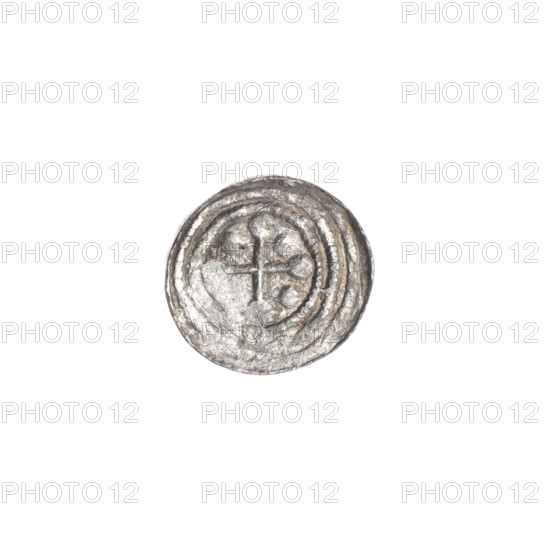 denarius, Boleslaw III Krzywousty (prince of Poland; 1107–1138), allegories, spearhead (issue mark), chain mail (iconographic), equal-armed cross (iconographic), chain mails, crosses, jaws (iconographic), knight (iconographic), martyrs, Romanesque (style), dragons, knights, jaws, dragon (iconographic), Middle Ages, Adalbert (St.; ca. 956–997), fight against pagans (iconographic), fight between good and evil (iconographic), spear (iconographic), spears. Obv. In the beaded border, a knight in chain mail thrusting a spearhead into the jaws of a dragon turned upside down. Rv. In the triple beaded border, an isosceles cross topped with balls; between its arms, one ball. ca. 1125–1138. Poland, Kraków. Coin. Diameter 11.3–11.9 mm. Weight 0.32 g.
