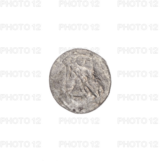 denarius, Boleslaw III Krzywousty (prince of Poland; 1086–1138), allegories, equal-armed cross, spearhead (issue mark), chain mail, crosses, jaws, chain mail, knight, martyrs, Romanesque (style), dragons, dragon, knights, Middle Ages, Adalbert (Saint; ca. 956–997), fight between good and evil, fight against pagans, spear, spears. Obv.: In the beaded border, a knight in chain mail thrusting a spearhead into the jaws of a dragon turned upside down. Rv.: In the triple beaded border, an isosceles cross topped with balls; at the intersection of the arms, a ball; between the arms, one ball. ca. 1125–1138. Poland, Kraków. Coin. Diameter 12.1–12.6 mm. Weight 0.30 g.
