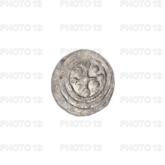 denarius, Boleslaw III Krzywousty (prince of Poland; 1107–1138), allegories, Boleslaw III Krzywousty (prince of Poland; 1086–1138), equal-armed cross, spearhead (issue mark), chain mail, crosses, jaws, chain mail, knight, martyrs, Romanesque (style), jaws, dragons, dragon, knights, Middle Ages, Adalbert (Saint; ca. 956–997), fight between good and evil, fight against pagans, spear, spears. Obv.: In the beaded border, a knight in chain mail thrusting a spearhead into the jaws of a dragon turned upside down. Rv.: In the triple beaded border, an isosceles cross topped with balls; at the intersection of the arms, a ball; between them, one ball. ca. 1125–1138, Poland, Kraków, coin, diameter 12.1–12.6 mm, weight 0.30 g