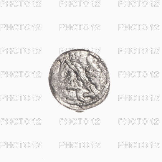 denarius, Boleslaw III Krzywousty (prince of Poland; 1086–1138), allegories, equal-armed cross, crosses, jaws, spearhead (issue mark), chain mail, chain mails, martyrs, knight, Romanesque (style), jaws, knights, dragons, dragon, Middle Ages, fight between good and evil, fight against pagans, Adalbert (Saint; ca. 956–997), spear, spears, Obv. In the beaded border, a knight in chain mail thrusting a spearhead into the jaws of a dragon turned upside down. Rv. In the triple beaded border, an isosceles cross topped with balls (two of them with one dot each). Between its arms, one ball (two of them with one dot each). One arm intersects the other at approximately 1/3 of its length., c. 1125–1138, Poland, Kraków, coin, diameter 11.6–12.2 mm, weight 0.39 g
