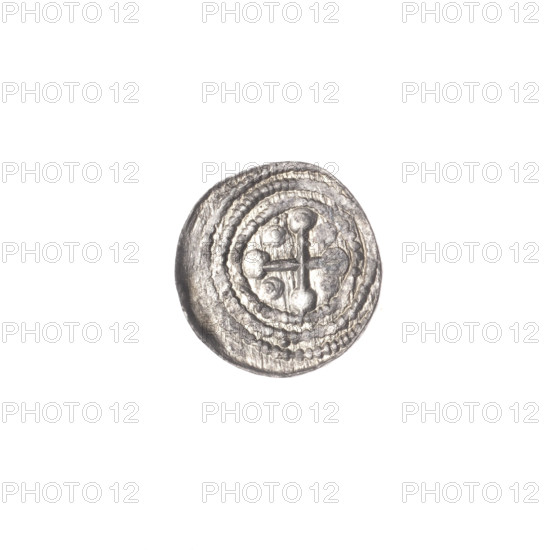 denarius, Boleslaw III Krzywousty (prince of Poland; 1086–1138), allegories, equal-armed cross, crosses, jaws, spearhead (issue mark), chain mail, martyrs, knight, Romanesque (style), jaws, knights, dragons, dragon, Middle Ages, fight between good and evil, fight against pagans, Adalbert (Saint; ca. 956–997), spear, spears. Obv.: In the beaded border, a knight in chain mail thrusting a spearhead into the jaws of a dragon turned upside down. Rv.: In the triple beaded border, an isosceles cross topped with balls (two of them with one dot each). Between its arms, one ball (two of them with one dot each). One arm intersects the other at approximately 1/3 of its length. c. 1125–1138, Poland, Kraków; coin; diameter 11.6–12.2 mm; weight 0.39 g.