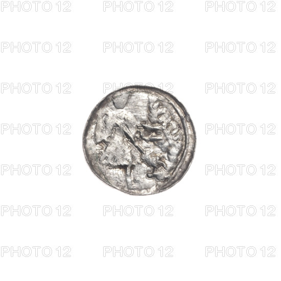 Denarius of Boleslaw III Krzywousty (prince of Poland; ca. 1086–1138). Obverse: within a linear border, a knight in chain mail thrusting a spearhead into the jaws of an upside-down dragon; a dot is placed outside above the knight's left foot. Reverse: within a triple beaded border, an isosceles cross topped with balls; between its arms are balls (three of them with one dot). Iconography includes knight, chain mail, spear/spearhead, dragon, jaws, equal-armed cross, martyrs, fight against pagans/fight between good and evil; Romanesque style; associated with Saint Adalbert. Date: ca. 1125–1138. Place: Poland, Kraków. Coin (denarius). Diameter: 12.3–12.8 mm. Weight: 0.50 g.