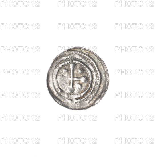 Denarius of Boleslaw III Krzywousty (prince of Poland; 1107–1138). Obverse: in a linear border, a knight in chain mail thrusting a spearhead into the jaws of an upside-down dragon; a dot above the knight's left foot. Reverse: in a triple beaded border, an isosceles cross topped with balls; between its arms, one ball (three of them with one dot). Iconography: knight, chain mail, spear, spearhead (issue mark), dragon, jaws, equal-armed cross, martyrs, fight against pagans, fight between good and evil, Adalbert (Saint; ca. 956–997). Romanesque style. Ca. 1125–1138. Poland, Kraków. Silver coin (denarius). Diameter: 12.3–12.8 mm. Weight: 0.50 g.