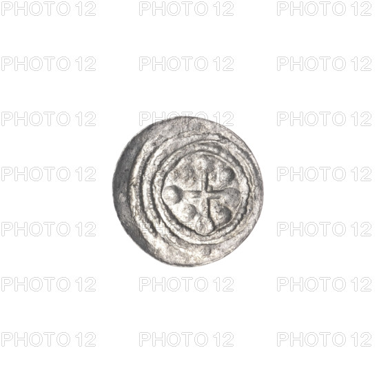 denarius, Boleslaw III Krzywousty (prince of Poland; 1086–1138), Romanesque; allegorical imagery of knights and dragons, fight between good and evil, fight against pagans; obverse: in beaded border, a knight in chain mail thrusting a spearhead into the upside-down jaws of a dragon, a ball under the knight's right elbow; reverse: in triple beaded border, an isosceles cross topped with balls, one ball between its arms and a dot in one quarter near the center; issue mark spearhead; possible reference to Saint Adalbert (ca. 956–997); ca. 1125–1138; Poland, Kraków; coin (denarius); diameter 12.2–12.5 mm; weight 0.30 g