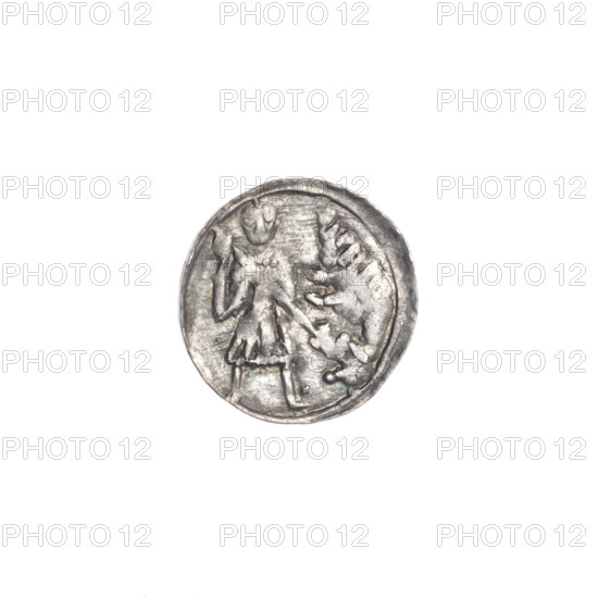 denarius, Boleslaw III Krzywousty (prince of Poland; 1107–1138), allegories, Boleslaw III Krzywousty (prince of Poland; 1086–1138), spearhead (issue mark), equal-armed cross (iconographic), chain mail (iconographic), jaws (iconographic), chain mails, crosses, martyrs, Romanesque (style), knight (iconographic), dragons, jaws, knights, Middle Ages, fight between good and evil (iconographic), Adalbert (Saint; ca. 956–997), spear (iconographic), fight against pagans (iconographic), spears, dragon (iconographic). Obv.: In the linear border, a knight in chain mail thrusting a spearhead into the jaws of a dragon turned upside down. On the outer side, above the knight's left foot, a dot. Rv.: In the triple beaded border, an isosceles cross topped with balls. Between its arms, one ball. ca. 1125–1138, Kraków, Poland, coin, diameter 12.7–13.0 mm, weight 0.50 g