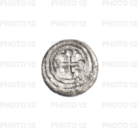 Denarius, Boleslaw III Krzywousty (prince of Poland; ca. 1086–1138). Obverse: in a linear border, a knight in chain mail thrusting a spearhead into the jaws of an upside-down dragon; a dot above the knight's left foot. Reverse: in a triple beaded border, an isosceles cross topped with balls, with one ball between its arms. Iconography: spearhead, equal-armed cross, chain mail, jaws, dragons, knights, martyrs, Adalbert (Saint; ca. 956–997), fight between good and evil, fight against pagans. Style: Romanesque. Date: ca. 1125–1138. Place: Kraków, Poland. Coin; diameter 12.7–13.0 mm; weight 0.50 g.