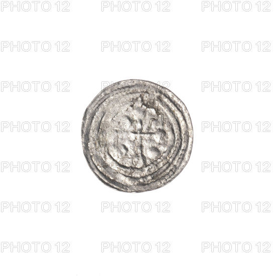 denarius, Boleslaw III Krzywousty (prince of Poland; 1086–1138), allegories, equal-armed cross, spearhead (issue mark), chain mail, mouth, martyrs, knight, Romanesque (style), dragons, knight fighting a dragon, fight against pagans, fight between good and evil, Adalbert (Saint; ca. 956–997), spear, spears. Obverse: in a rope border, a knight in chain mail thrusting a spearhead into the jaws of an upside-down dragon. Reverse: in a triple beaded border, an isosceles cross topped with balls; between its arms, one ball. ca. 1125–1138. Poland, Kraków. Coin. Diameter 12.6–12.9 mm. Weight 0.50 g.