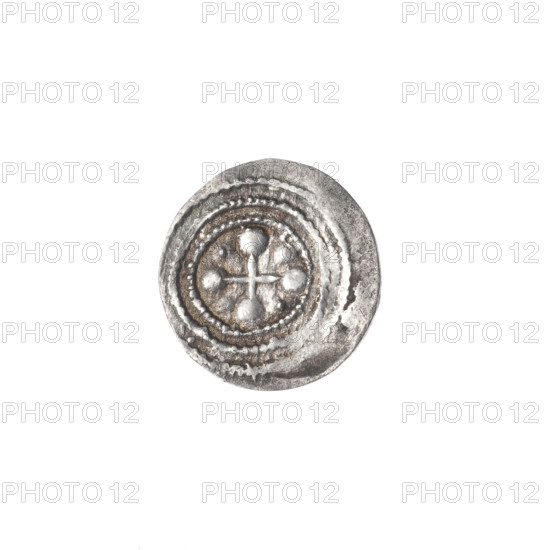 denarius, Boleslaw III Krzywousty (prince of Poland; 1086–1138), allegories, chainmail (iconographic), crosses, equal-armed cross (iconographic), spearhead (issue mark), mouth (iconographic), martyrs, Romanesque (style), mouths, knights, knight (iconographic), dragon (iconographic), Middle Ages, fight between good and evil (iconographic), fight against pagans (iconographic), dragons, spear (iconographic), spears, Adalbert (St.; ca. 956–997). Obv.: In the beaded border, a knight in chain mail thrusting a spearhead into the jaws of a dragon turned upside down. Rv.: In the triple beaded border, an isosceles cross topped with balls; between its arms, in two quarters, one ball, in the next two, one dot. ca. 1125–1138. Poland, Kraków. Coin. Diameter 12.9–13.2 mm; weight 0.45 g.