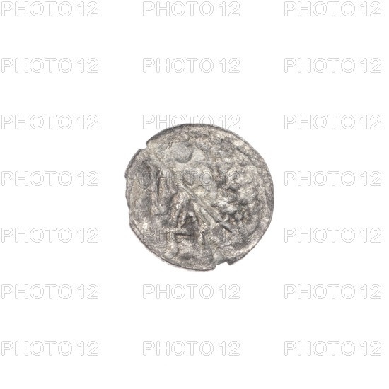 denarius, Boleslaw III Krzywousty (prince of Poland; 1107–1138), allegories, chain mail (iconographic), spearhead (issue mark), equal-armed cross (iconographic), crosses, jaws (iconographic), martyrs, dragons, Romanesque (style), jaws, knights, dragon (iconographic), middle ages, fight between good and evil (iconographic), knight (iconographic), fight against pagans (iconographic), Adalbert (Saint; ca. 956–997), spear (iconographic), spears. Obv.: In the beaded border, a knight in chain mail thrusting a spearhead into the jaws of a dragon turned upside down. Rv.: In the triple beaded border, an isosceles cross topped with balls; at the intersection of the arms, a ball; between them, one ball. ca. 1125–1138, Poland, Kraków, coin, diameter 12.1 mm, weight 0.27 g
