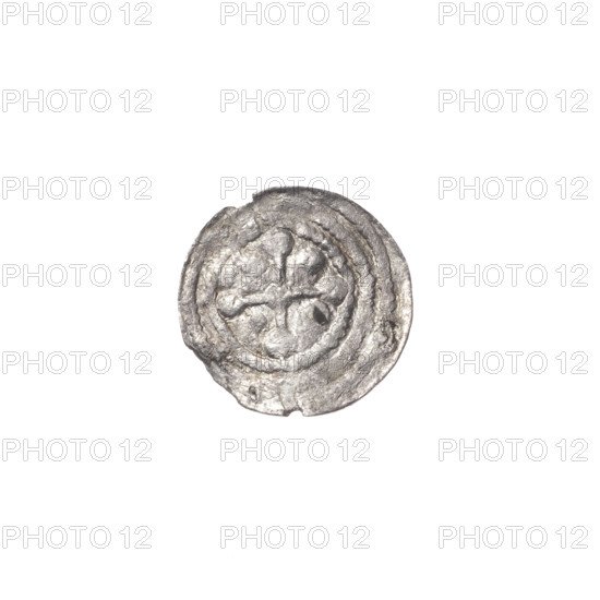 denarius, Boleslaw III Krzywousty (prince of Poland; 1107–1138), allegories, chain mail (iconographic), chain mail, spearhead (issue mark), equal-armed cross (iconographic), crosses, jaws (iconographic), martyrs, dragons, Romanesque (style), jaws, knights, dragon (iconographic), middle ages, fight between good and evil (iconographic), knight (iconographic), fight against pagans (iconographic), Adalbert (Saint; ca. 956–997), spear (iconographic), spears. Obv.: In the beaded border, a knight in chain mail thrusting a spearhead into the jaws of a dragon turned upside down. Rv.: In the triple beaded border, an isosceles cross topped with balls; at the intersection of the arms, a ball; between them, one ball. ca. 1125–1138, Poland, Kraków, coin, diameter 12.1 mm, weight 0.27 g