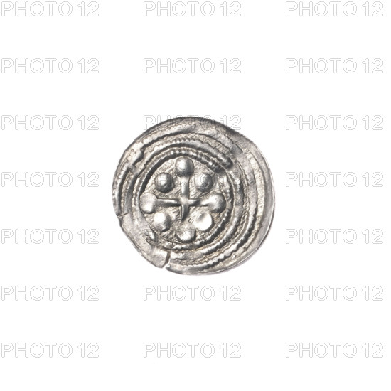 denarius, Boleslaw III Krzywousty (prince of Poland; 1086–1138), allegories, spearhead (issue mark), equal-armed cross, jaws, chain mail, martyrs, Romanesque (style), knight, dragons, Middle Ages, dragon, jaws, fight between good and evil, Adalbert (Saint; ca. 956–997), fight against pagans, spears, spear (iconographic). Obv.: In the beaded border, a knight in chain mail thrusting a spearhead into the jaws of a dragon turned upside down. Rv.: In the triple beaded border, an isosceles cross topped with balls; between its arms, one ball (one of them with a dot). ca. 1125–1138, Poland, Kraków; coin; diameter 12.6–13.4 mm; weight 0.35 g